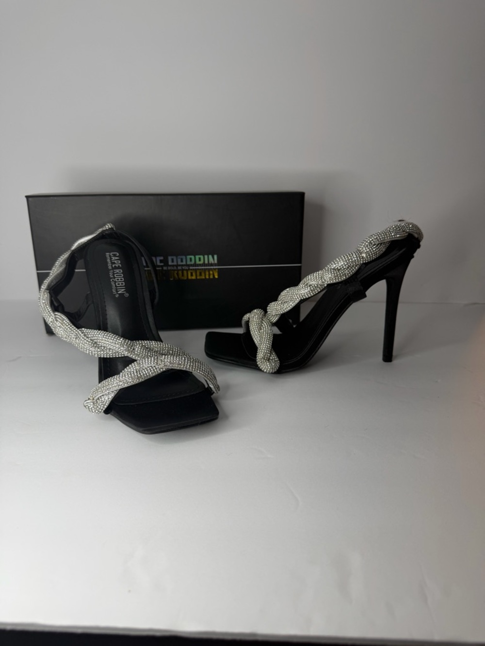 Cape Robbin Black Heeled Sandals with Silver Braided Straps